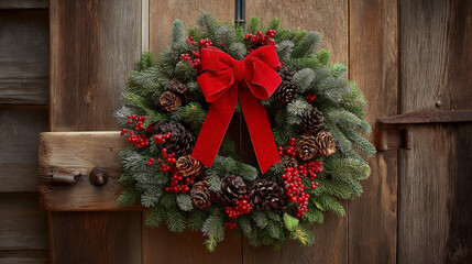 A stylishly decorated Christmas wreath made of fresh pine, adorned with red berries, pinecones, and a large red bow. The wreath hangs beautifully on a rustic wooden door, welcoming guests