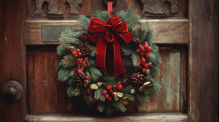 A stylishly decorated Christmas wreath made of fresh pine, adorned with red berries, pinecones, and a large red bow. The wreath hangs beautifully on a rustic wooden door, welcoming guests