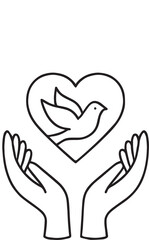 Obraz premium Peace and compassion icon in black silhouette with open hands, heart, and dove for care, support, and spiritual themes