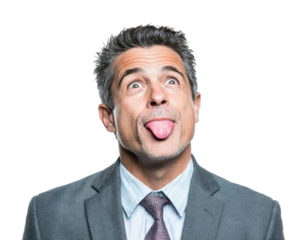 Playful businessman sticking tongue out portrait fun isolated on transparent background
