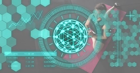 Woman initiating workout with supine crunches on pink mat, hexagon panels guiding lunges - Powered by Adobe