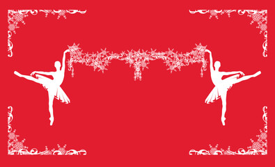 red and white vector frozen ornament of standing en pointe ballet dancers and winter snow flakes forming festive border copy space frame