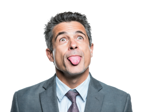 Playful businessman sticking tongue out portrait fun isolated on transparent background