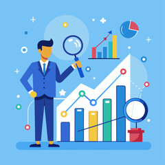 Vector art of business man analyzing graph with magnifying glass for data analysis