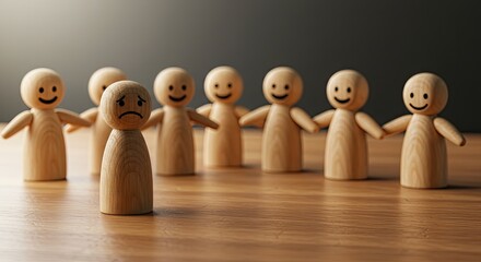 Lone wooden figure with sad face stands apart from happy group, symbolizing isolation, loneliness, or feeling left out in a social setting