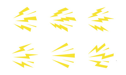 Thunderbolt shock cartoon icons. Yellow lightning burst, shouting, noise and loud sound symbols. Energetic comic electric flashes for action, power, speed, and danger effects. vector illustration eps