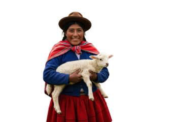 Smiling Andean woman in traditional dress holding a lamb isolated on transparent background, indigenous Peruvian culture PNG