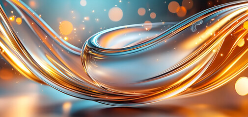 Abstract flowing liquid gold and blue with bokeh lights
