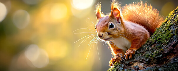 Curious squirrel peeking from mossy tree branch golden light
