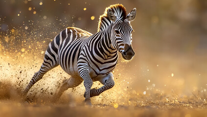 Dynamic zebra gallops through dust with golden light