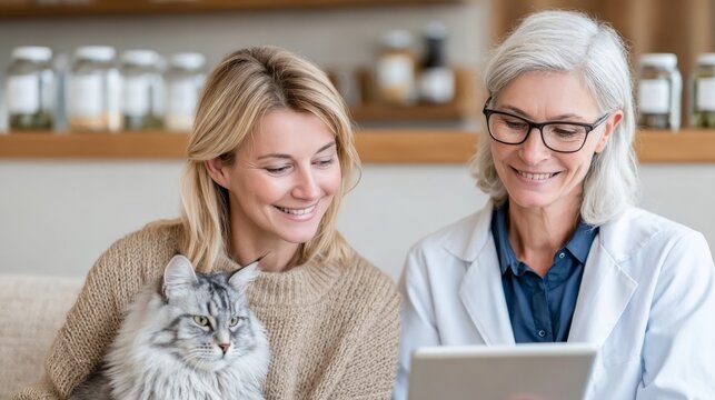 A woman smiles with her cat while discussing pet wellness with a professional in a cozy living area