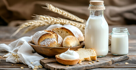 Freshly baked bread and creamy milk create a rustic breakfast