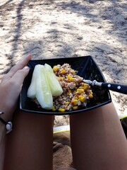 Camping lifestyle, outdoor eating, summer holidays and healthy living. It can be used in blogs, travel websites, wellness promotions, social media content to inspire relaxation, return to nature 