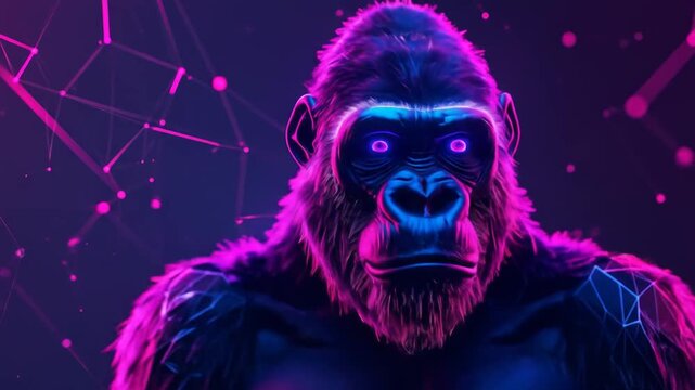 Majestic Digital Gorilla with Luminous Purple Eyes in a Futuristic Cybernetic Network Environment, Representing Advanced Technology and Artificial Intelligence Concepts