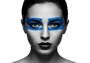 Dramatic portrait of a woman with blue makeup isolated on transparent background, beauty concept with bold graphic eyeliner
