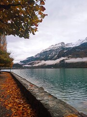 Autumn travel in Switzerland. Perfect for travel, nature lovers, fall getaways in stock photos. Swiss autumn travel destination. Blue lake with mountains in the background with bright orange trees.