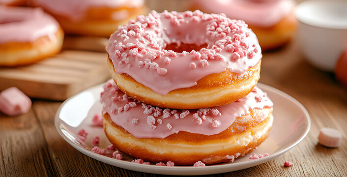 Sweet pink frosted donuts stacked on plate, tempting treat - Powered by Adobe