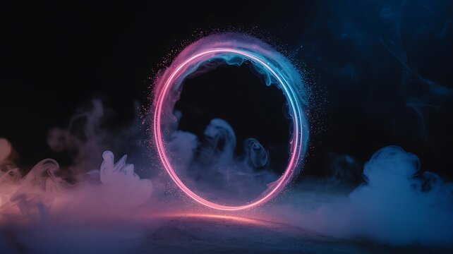 Glowing Neon Ring Portal Surrounded by Ethereal Smoke and Mist Effects, ai-generated - Powered by Adobe