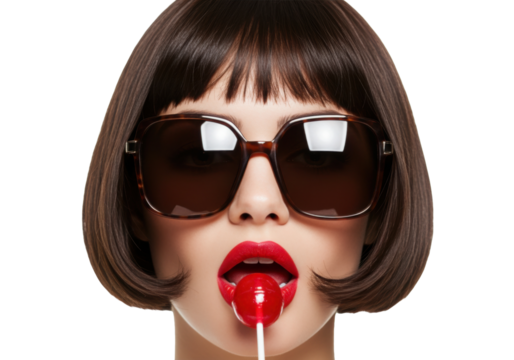 Glamorous woman with red lips and lollipop isolated on transparent background, bob haircut and sunglasses for beauty and fashion