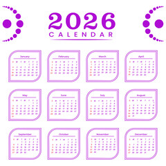2026 calendar template isolated on white background featuring a complete set of monthly calendars in a clean, minimalist design with purple accents and clear layout