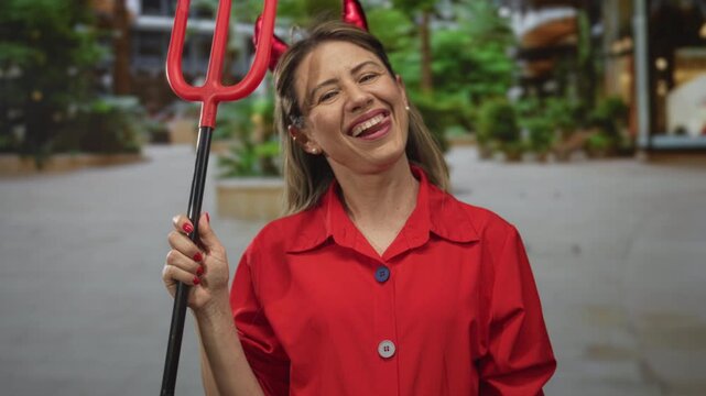 Woman holds red pitchfork on street while smiling and showing her tongue in an urban plaza setting; playful.