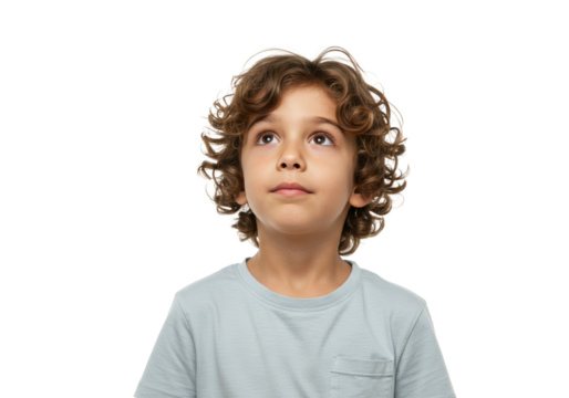 Young boy with curly hair looking up isolated on transparent PNG, child portrait with brown eyes and thoughtful expression for innocence and wonder