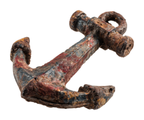 Underwater discovery of historical ship anchor in marine archaeology isolated on transparent background