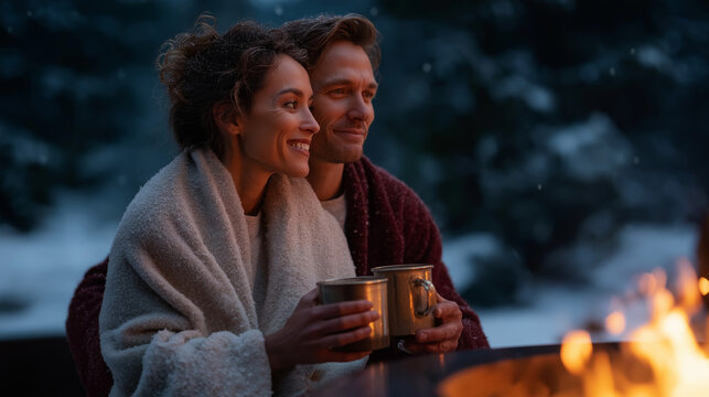 A couple wraps together in blanket beside fire pit roasting marshmallows woman leans on man's shoulder while both hold enamel mugs of spiked cider and enjoy quiet conversation