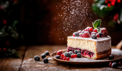 Slice of Christmas Cake sprinkled with powdered sugar. A piece of sponge cake decorated with berries and Holly. Festive Christmas banner with dark wooden table blurred background. Copy space, closeup