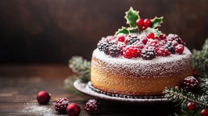 Round Christmas Cake on a plate with powdered sugar, holly and berries. Sponge cake closeup on dark wooden table decorated with fir branches and ornaments. Festive winter holiday banner. Copy space