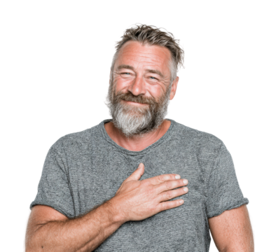 Heartfelt gesture from happy man portrait emotional environment isolated on transparent background