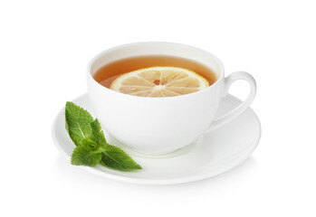 Aromatic tea with lemon in cup and mint isolated on white