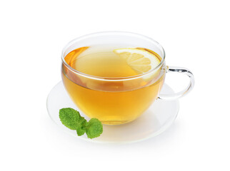 Aromatic tea with lemon in cup and mint isolated on white