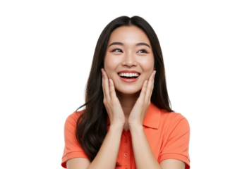 Excited Asian woman with hands on cheeks isolated on transparent PNG, cheerful young female portrait for beauty and lifestyle concepts