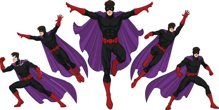 Superhero character poses, dynamic action illustration, comic style, black suit, purple cape, red gloves, vector design, muscular hero, white background