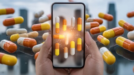 Closeup of hands holding a phone showing a medication delivery app interface with an urban cityscape window scene blurred in the background for depth.