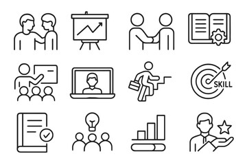 Set of 12 thin line editable icons for upskilling and personal growth, including books, certificates, rockets, goals, problem solving, and career progress.