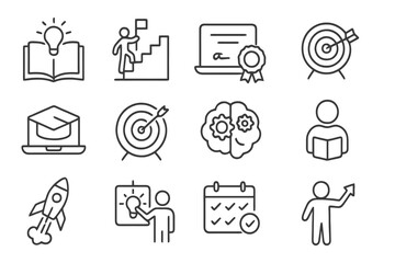 Set of 12 thin line editable icons for upskilling and personal growth, including books, certificates, rockets, goals, problem solving, and career progress.