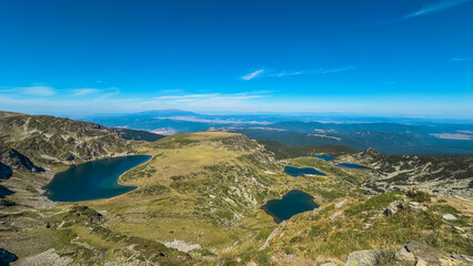 Mountain view of the Rila Mountains in Bulgaria. Seven Rila Lake hike. Eco trails. Connection with nature.	