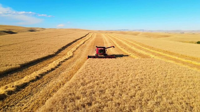 Aerial view of a combine harvester cutting through a vast field of golden wheat under a clear blue sky.
