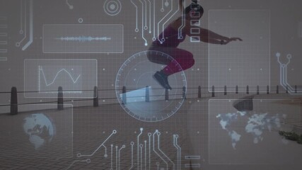 Woman wearing purple top shifting weight back, leaping onto wall for fitness tracking via HUD - Powered by Adobe