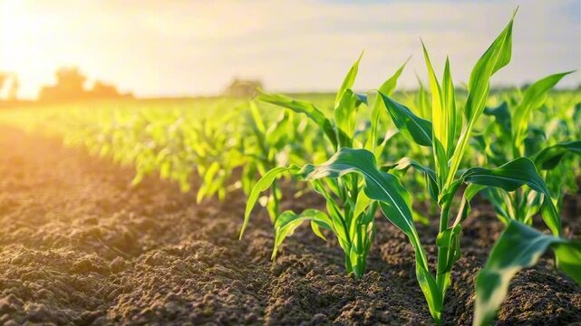 Lush green corn plants growing steadily in fertile soil under warm sunlight, showcasing the vibrant agricultural landscape and the beauty of nature's growth process