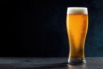 Cold golden beer in a tall glass with foam on a dark background, perfect for Oktoberfest celebrations, bar menus, and festive beverage advertising visuals