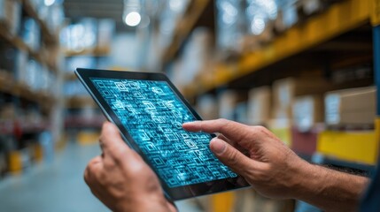 Closeup of hands holding a tablet displaying blockchain verification process sharp focus on verification codes soft blurred warehouse environment behind.