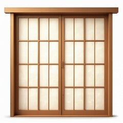 Japanese shoji door with wood frame and rice paper panels. Sliding door with translucent light panels is isolated on white background. Interior design element.