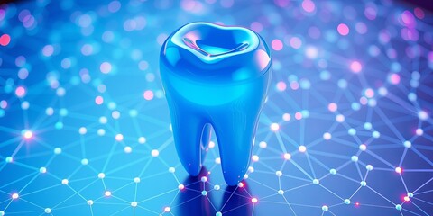 A stylized blue molar rests on a digital network with glowing nodes, representing modern dental technology and innovative oral healthcare solutions now.