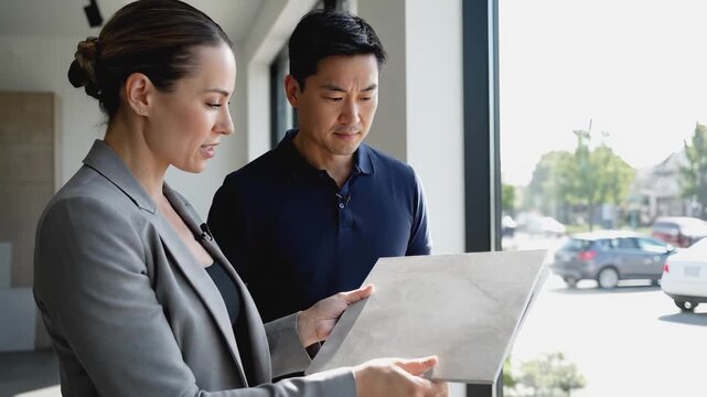 Engaged couple examines tile samples in a bright showroom, showcasing the decision-making process with natural light and modern decor
