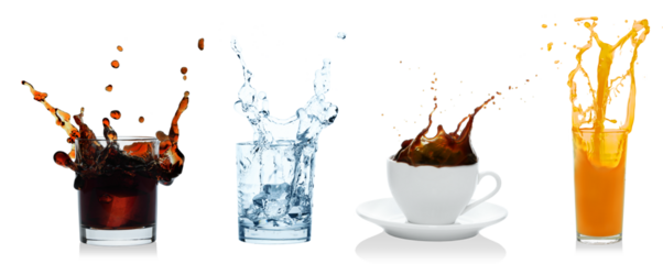 Set of splashes with coffee, juice, water and cola in cups and glasses. Isolated on transparent background