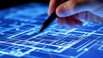 Hand holds a stylus over a blue, glowing screen displaying architectural lines. Details, tech