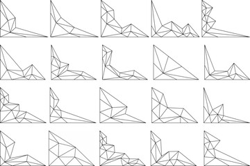 Low poly geometric triangle vector set with abstract wireframe shapes and modern polygon mesh designs, perfect for 3D backgrounds, digital art, technology graphics, and creative projects.